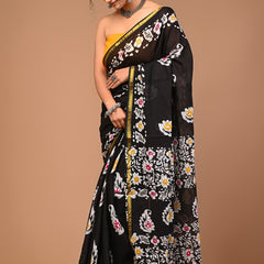 Elegant Black Handblock Cotton Saree with Floral Print & Golden Border