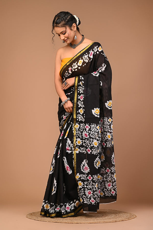 Elegant Black Handblock Cotton Saree with Floral Print & Golden Border