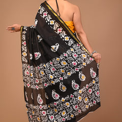 Elegant Black Handblock Cotton Saree with Floral Print & Golden Border