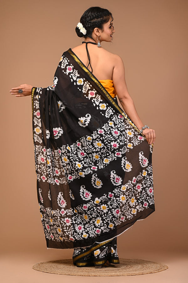 Elegant Black Handblock Cotton Saree with Floral Print & Golden Border