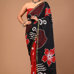 Black & Red Handcrafted Cotton Saree with Bold Floral Prints