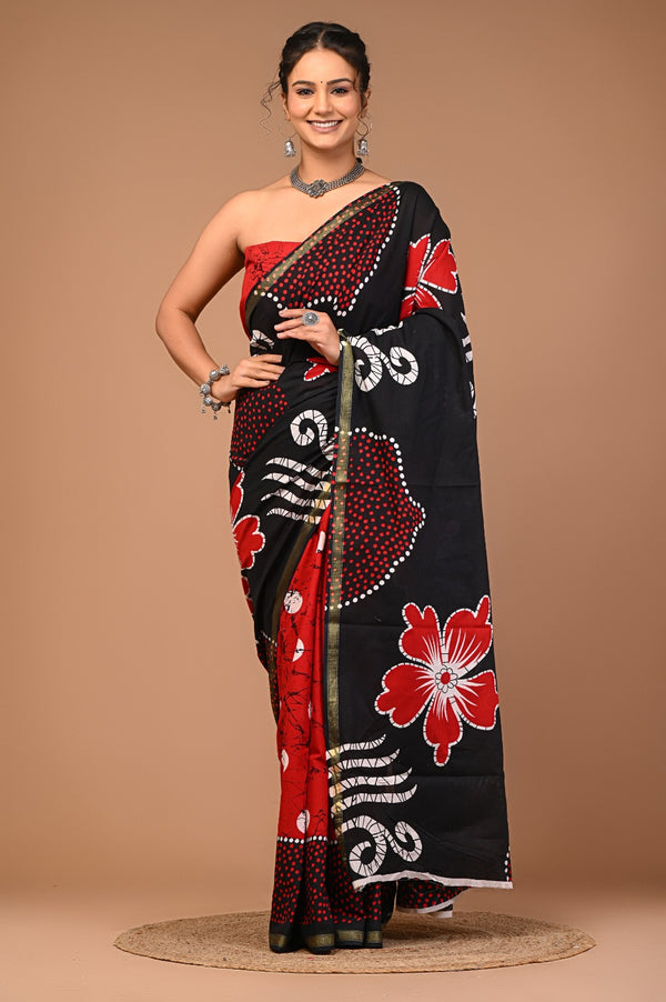 Black & Red Handcrafted Cotton Saree with Bold Floral Prints