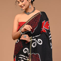 Black & Red Handcrafted Cotton Saree with Bold Floral Prints