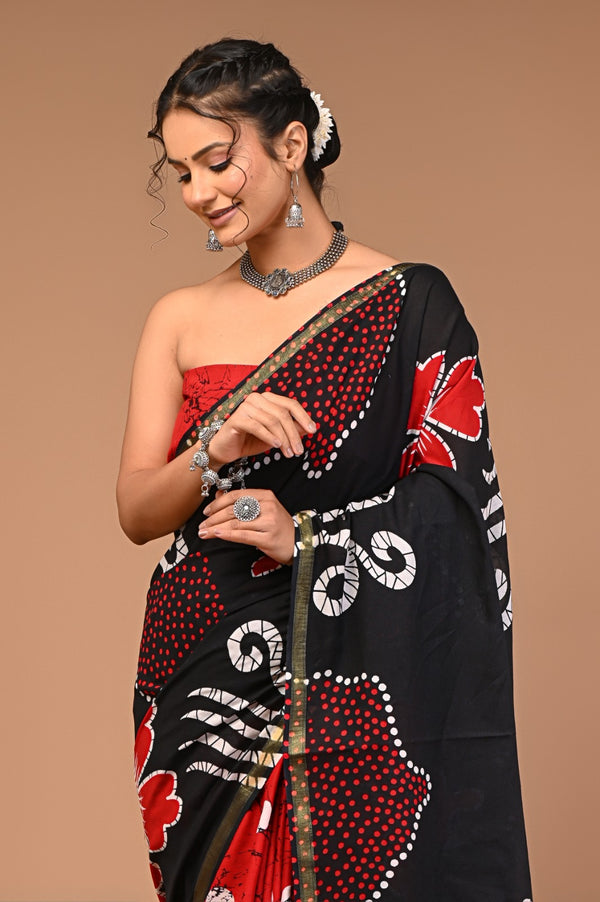 Black & Red Handcrafted Cotton Saree with Bold Floral Prints