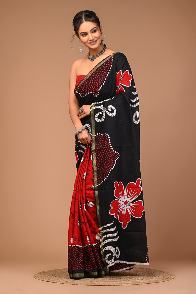 Black & Red Handcrafted Cotton Saree with Bold Floral Prints