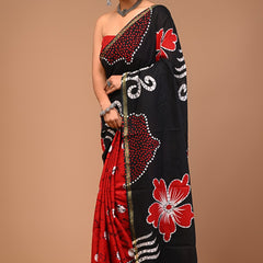 Black & Red Handcrafted Cotton Saree with Bold Floral Prints