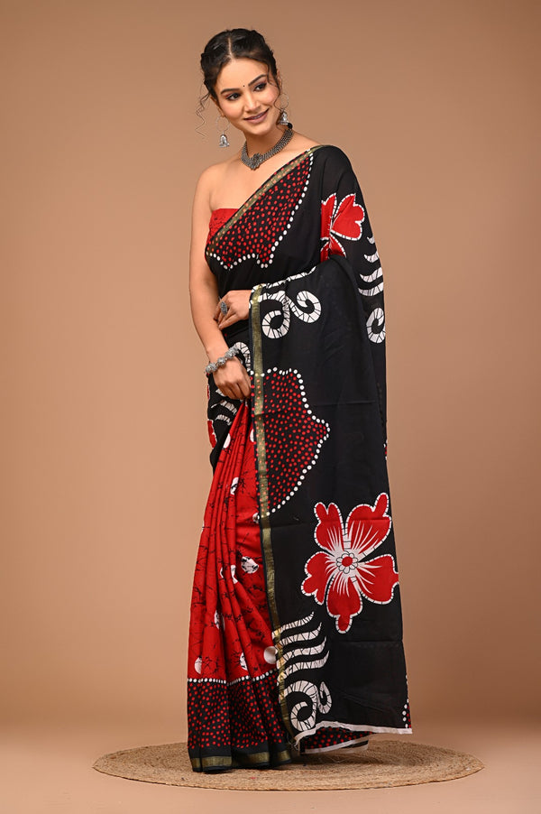 Black & Red Handcrafted Cotton Saree with Bold Floral Prints
