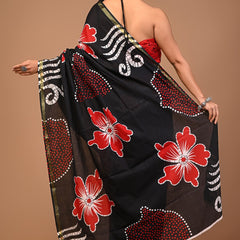 Black & Red Handcrafted Cotton Saree with Bold Floral Prints