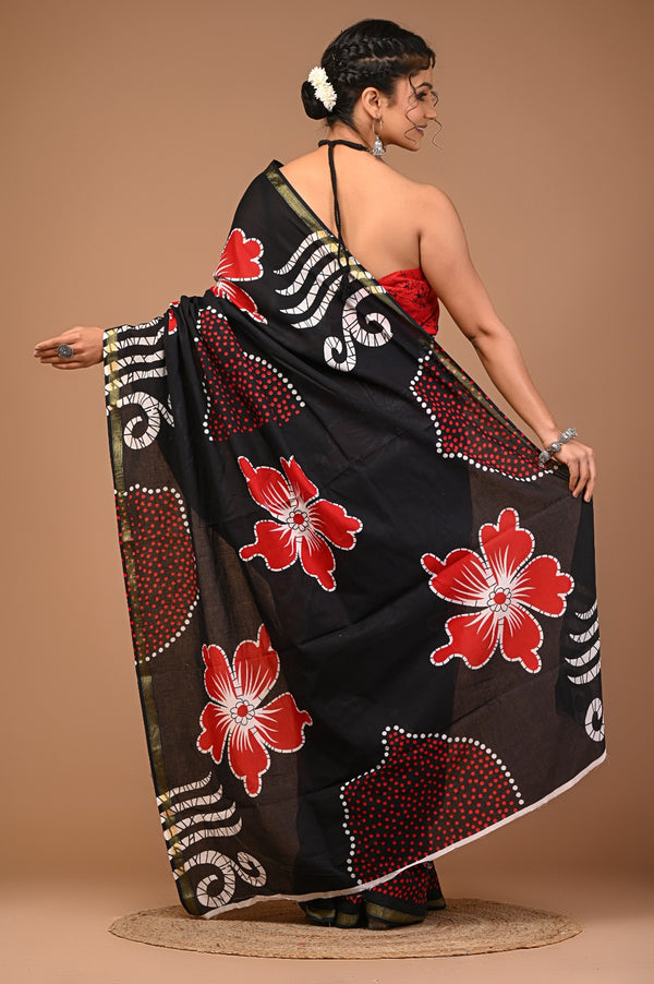 Black & Red Handcrafted Cotton Saree with Bold Floral Prints