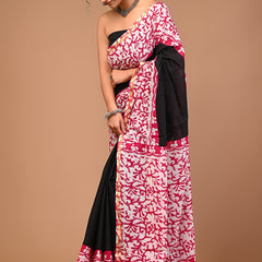Elegant Black & White Cotton Saree with Red Floral Print