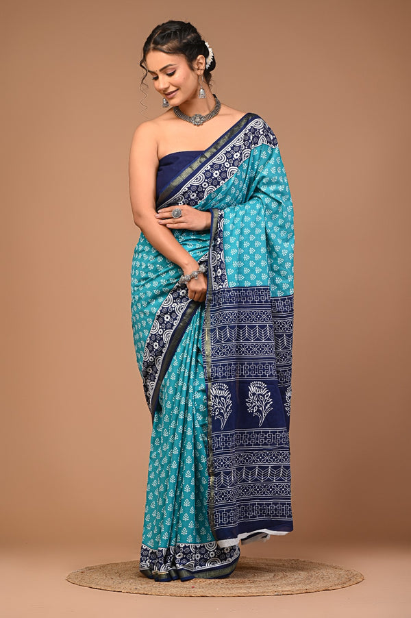 Elegant Sky Blue & Navy Blue Handblock Printed Cotton Saree with Zari Border