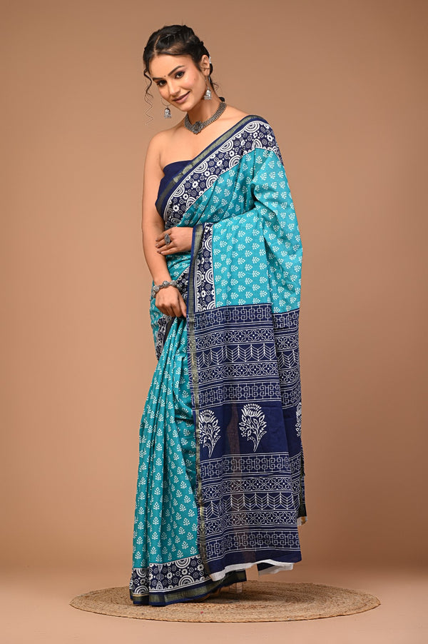 Elegant Sky Blue & Navy Blue Handblock Printed Cotton Saree with Zari Border