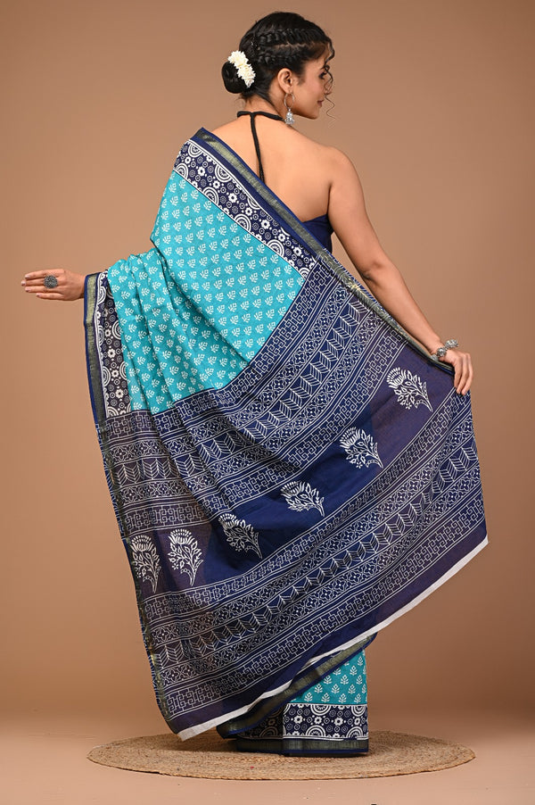 Elegant Sky Blue & Navy Blue Handblock Printed Cotton Saree with Zari Border