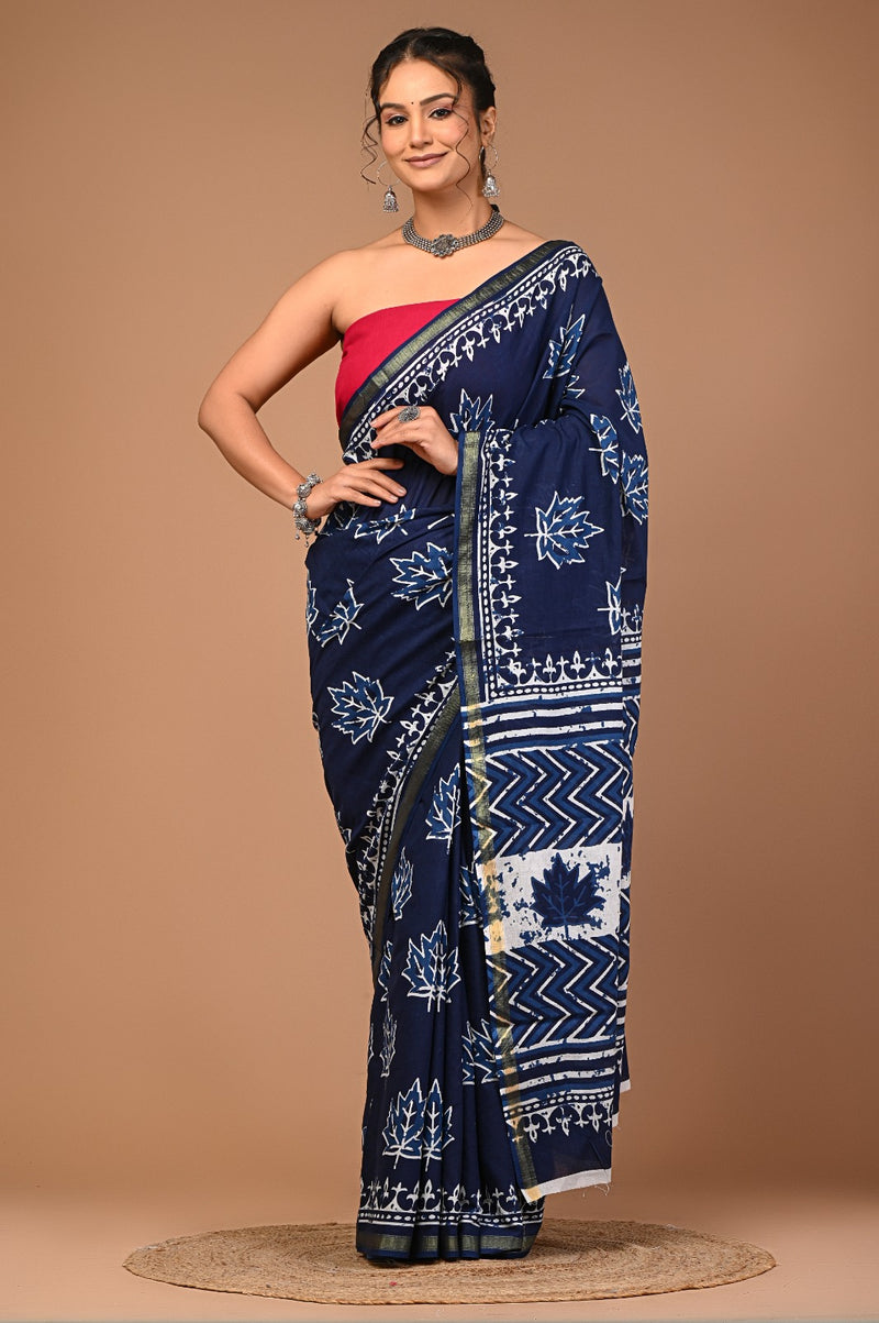 Graceful Navy Blue Handblock Printed Cotton Saree with Zari Border & Maple Leaf Design