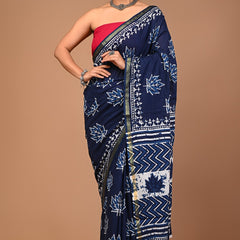 Graceful Navy Blue Handblock Printed Cotton Saree with Zari Border & Maple Leaf Design