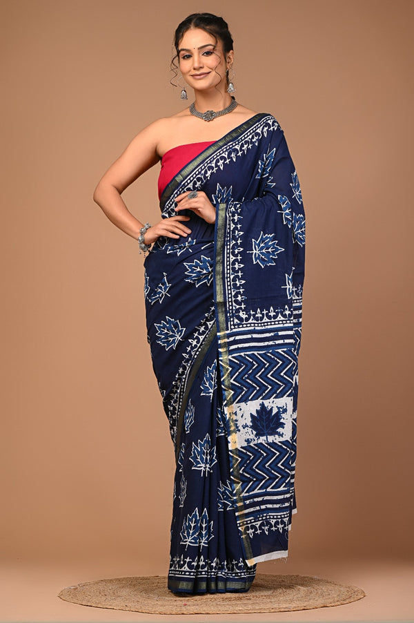 Graceful Navy Blue Handblock Printed Cotton Saree with Zari Border & Maple Leaf Design