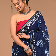 Graceful Navy Blue Handblock Printed Cotton Saree with Zari Border & Maple Leaf Design