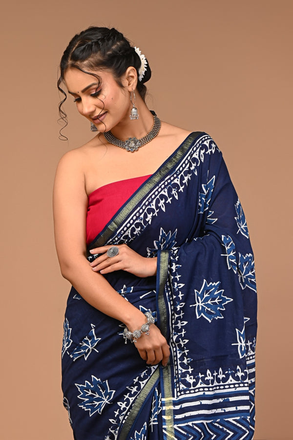 Graceful Navy Blue Handblock Printed Cotton Saree with Zari Border & Maple Leaf Design