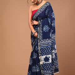 Graceful Navy Blue Handblock Printed Cotton Saree with Zari Border & Maple Leaf Design