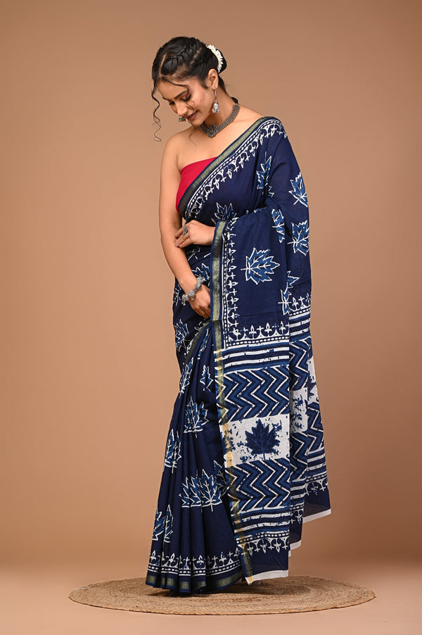 Graceful Navy Blue Handblock Printed Cotton Saree with Zari Border & Maple Leaf Design