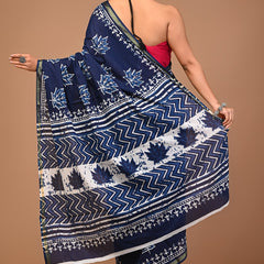 Graceful Navy Blue Handblock Printed Cotton Saree with Zari Border & Maple Leaf Design
