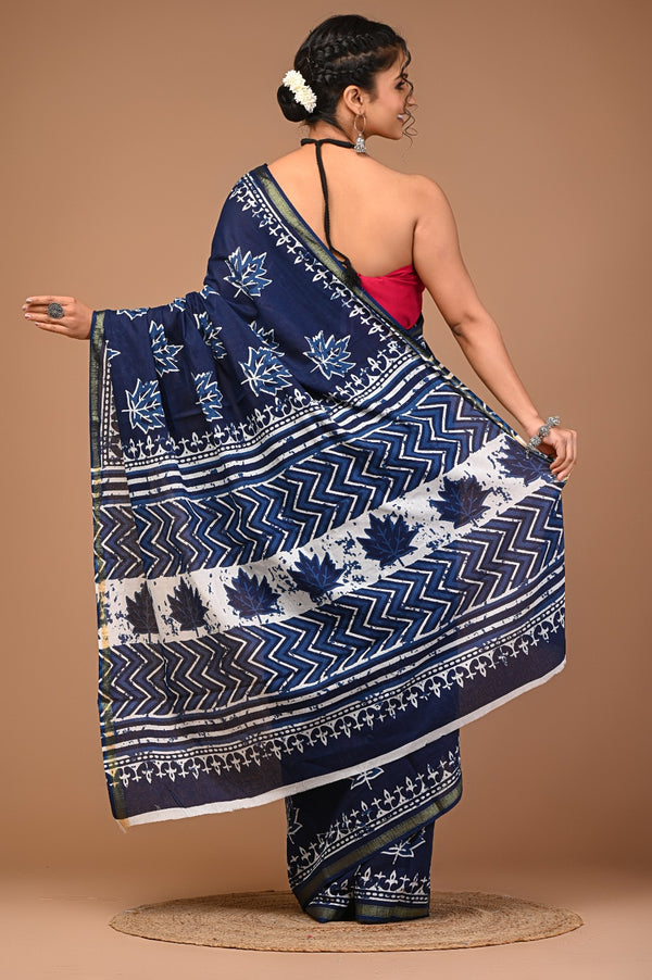 Graceful Navy Blue Handblock Printed Cotton Saree with Zari Border & Maple Leaf Design