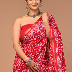 Vibrant Red Handblock Printed Cotton Saree with Ethnic Border & Golden Zari Detail