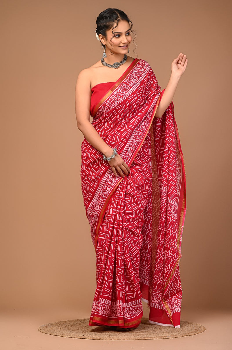 Vibrant Red Handblock Printed Cotton Saree with Ethnic Border & Golden Zari Detail