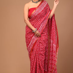 Vibrant Red Handblock Printed Cotton Saree with Ethnic Border & Golden Zari Detail