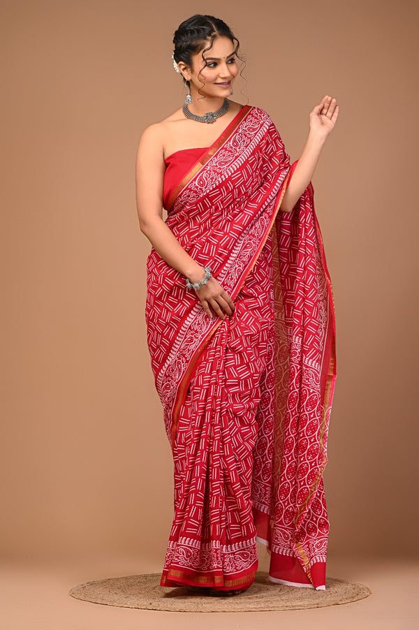 Vibrant Red Handblock Printed Cotton Saree with Ethnic Border & Golden Zari Detail