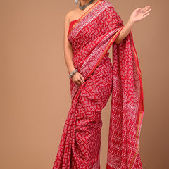 Vibrant Red Handblock Printed Cotton Saree with Ethnic Border & Golden Zari Detail