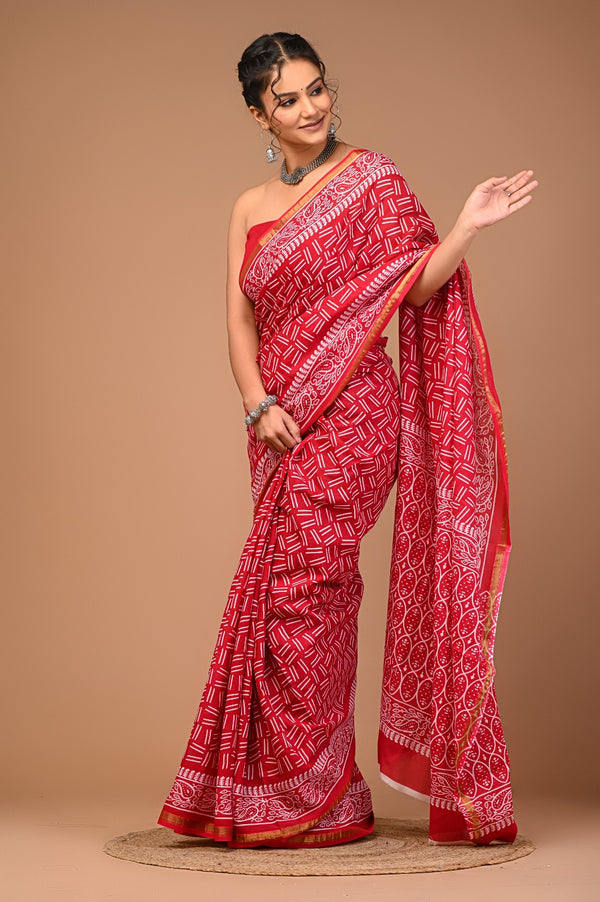 Vibrant Red Handblock Printed Cotton Saree with Ethnic Border & Golden Zari Detail