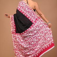 Elegant Black & White Cotton Saree with Red Floral Print