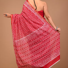 Vibrant Red Handblock Printed Cotton Saree with Ethnic Border & Golden Zari Detail