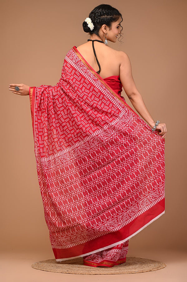 Vibrant Red Handblock Printed Cotton Saree with Ethnic Border & Golden Zari Detail