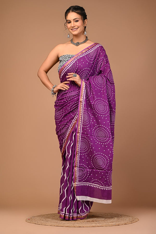 Royal Purple Bandhani Cotton Saree with White Dotted Circular Motifs & Golden Border