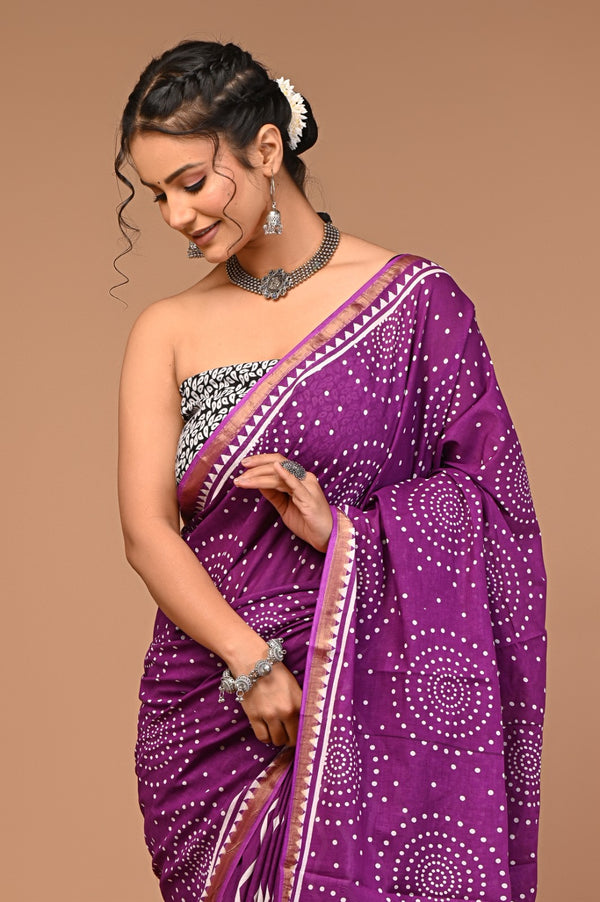 Royal Purple Bandhani Cotton Saree with White Dotted Circular Motifs & Golden Border