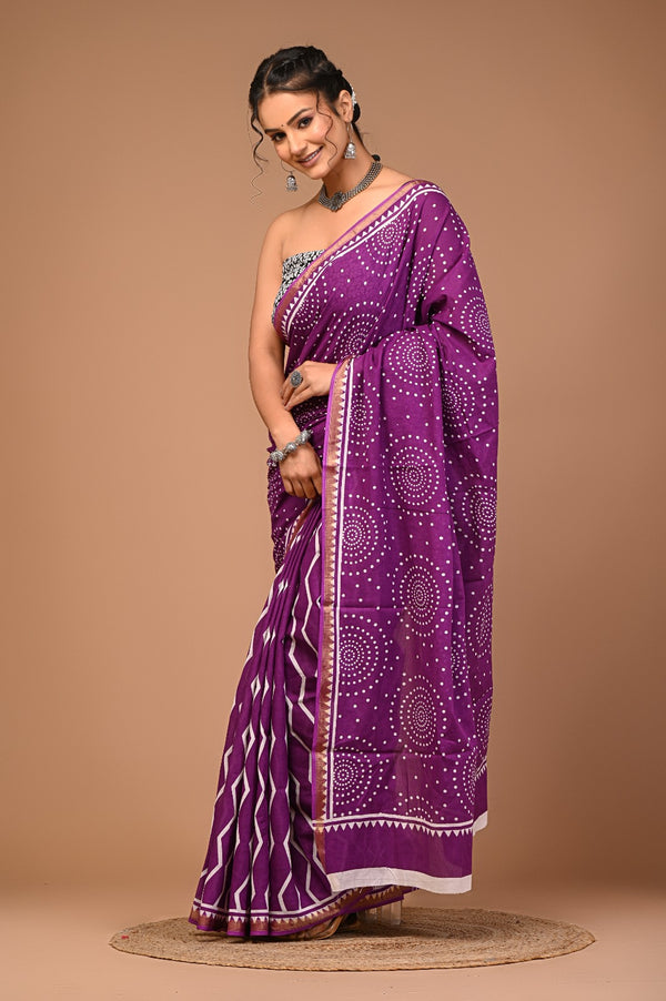 Royal Purple Bandhani Cotton Saree with White Dotted Circular Motifs & Golden Border