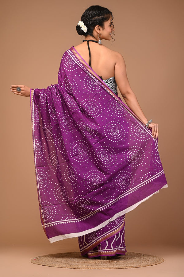 Royal Purple Bandhani Cotton Saree with White Dotted Circular Motifs & Golden Border