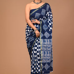Elegant Navy Blue Cotton Saree with White Geometric Handblock Prints & Olive Border
