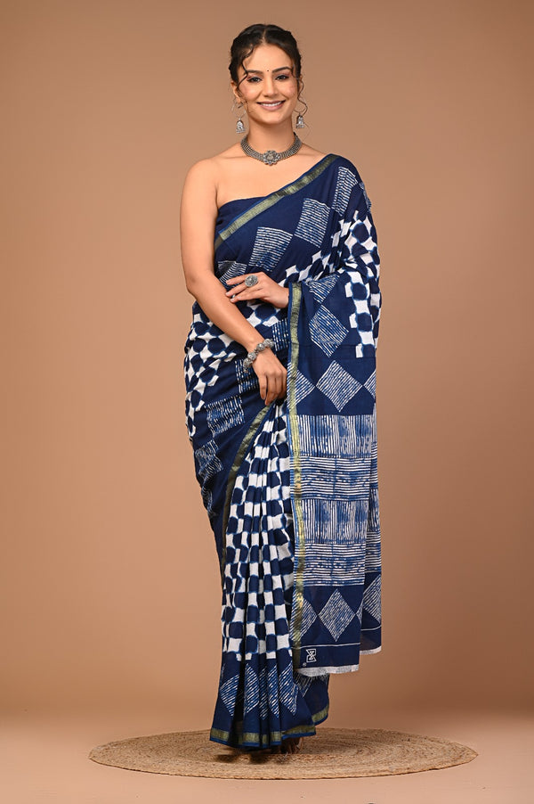 Elegant Navy Blue Cotton Saree with White Geometric Handblock Prints & Olive Border