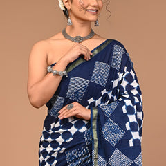 Elegant Navy Blue Cotton Saree with White Geometric Handblock Prints & Olive Border