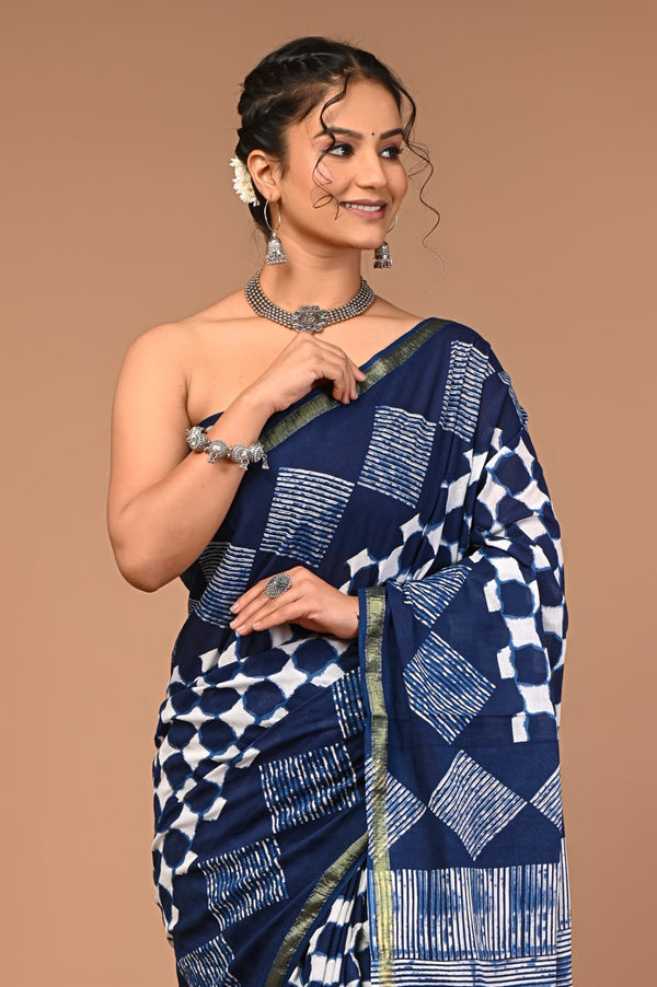 Elegant Navy Blue Cotton Saree with White Geometric Handblock Prints & Olive Border