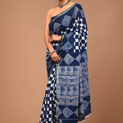 Elegant Navy Blue Cotton Saree with White Geometric Handblock Prints & Olive Border