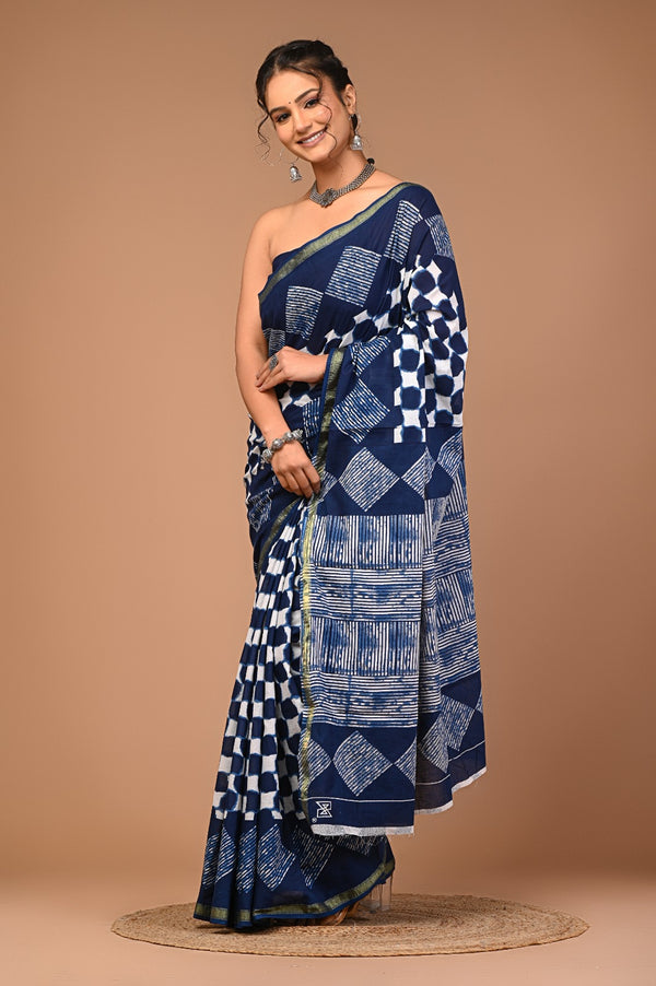 Elegant Navy Blue Cotton Saree with White Geometric Handblock Prints & Olive Border