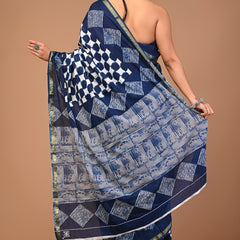Elegant Navy Blue Cotton Saree with White Geometric Handblock Prints & Olive Border