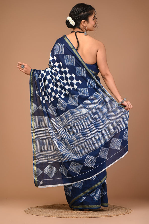 Elegant Navy Blue Cotton Saree with White Geometric Handblock Prints & Olive Border
