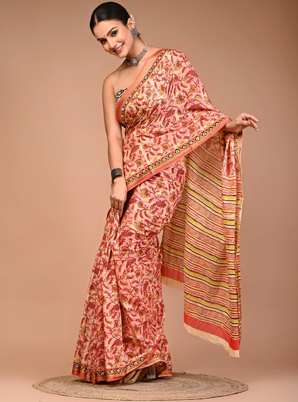 Elegant Printed Maheshwari Pure Cotton Saree with Multicolor Zari Border