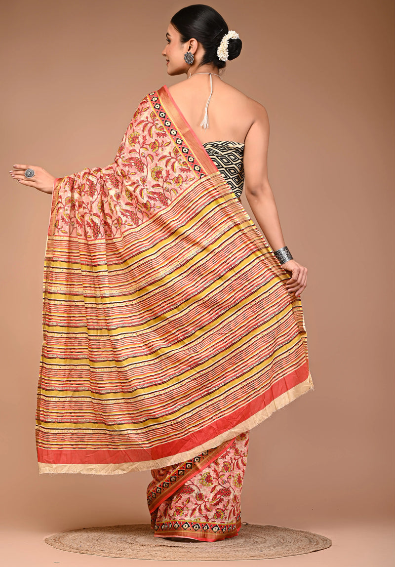 Elegant Printed Maheshwari Pure Cotton Saree with Multicolor Zari Border