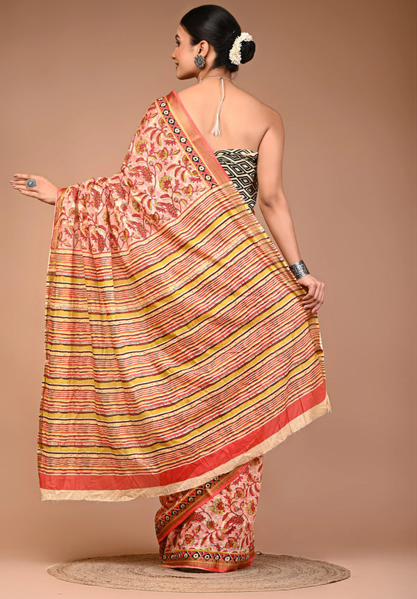 Elegant Printed Maheshwari Pure Cotton Saree with Multicolor Zari Border